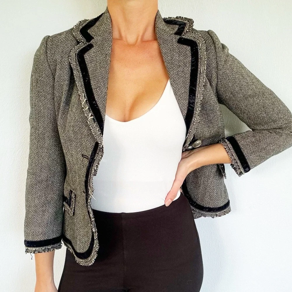 Banana Republic gray wool fringe professional button up blazer jacket size 0